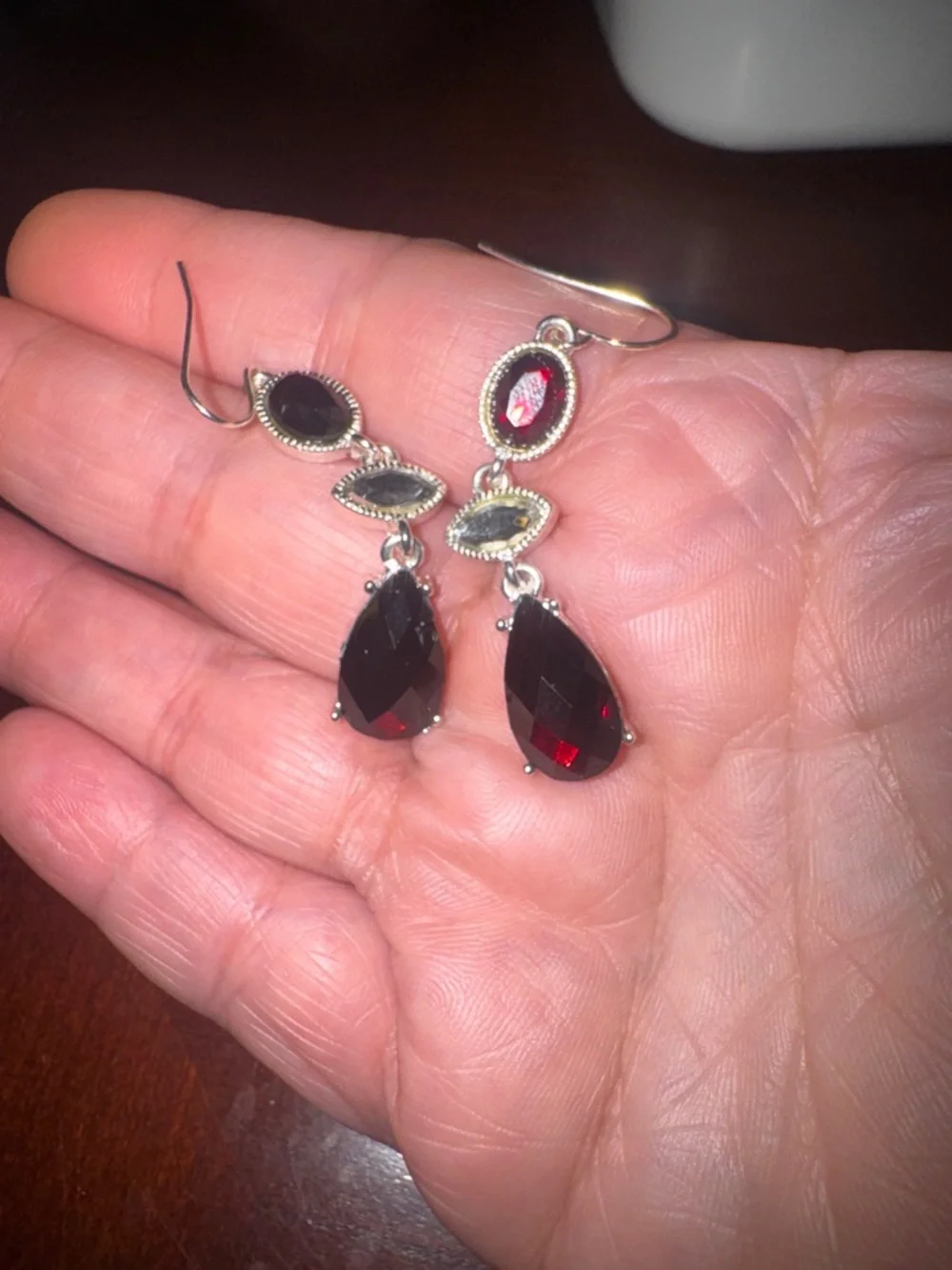 Liz Claiborne Silver Drop Earrings with Deep Garnet Red Stones - Picture 6 of 6